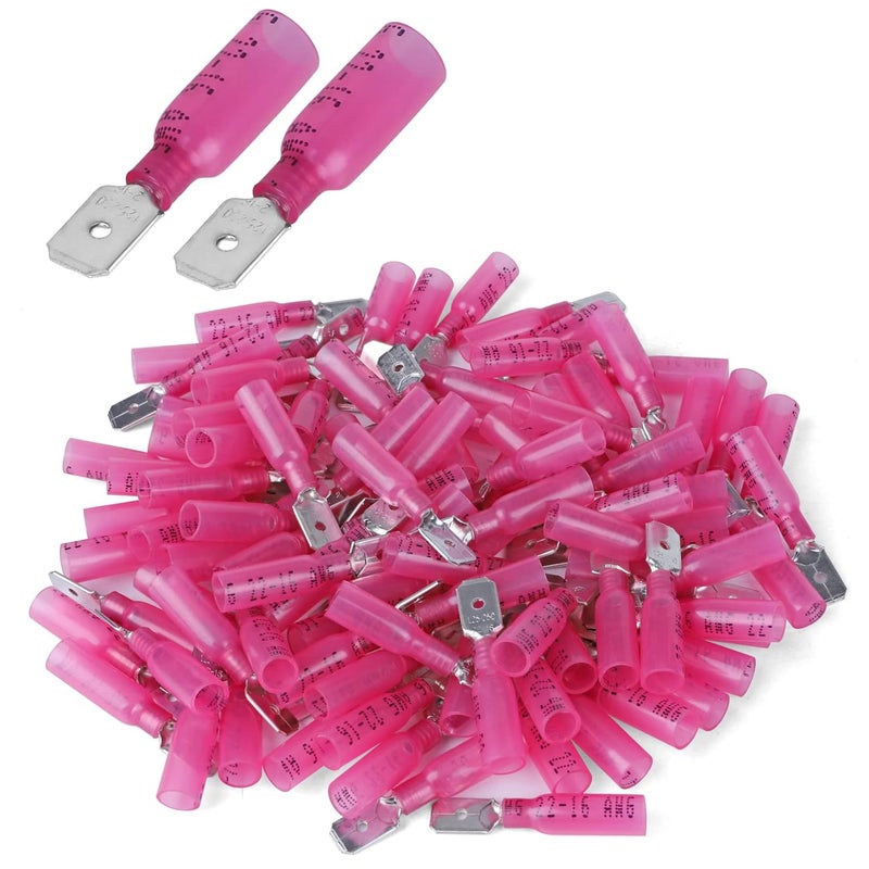 VAMRONE 100 PCS 22-16 AWG Waterproof Heat Shrink Quick Disconnect Connectors, Crimp Electrical Wire Male Spade Connectors Insulated Disconnect for Marine Automotive Motorcycle Home Wiring (Red) - Image 1